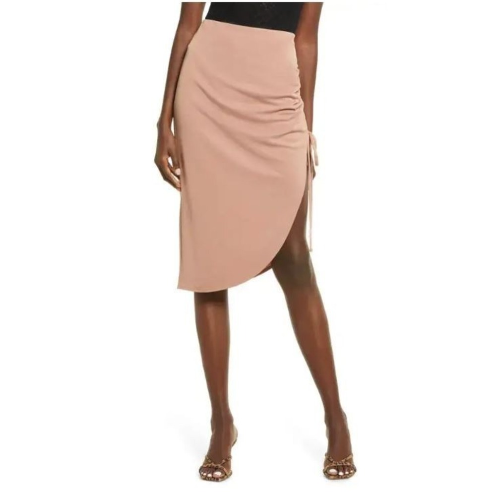 Open Edit Women's Elastic Waist Side Tie Ruched Modal Blend Skirt in Mocha Small